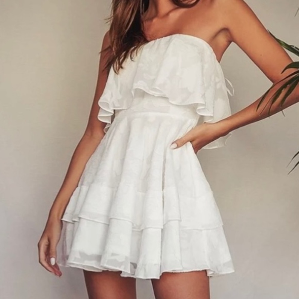 Lulu True Lover White Burnout Floral Ruffled Strapless Mini Dress